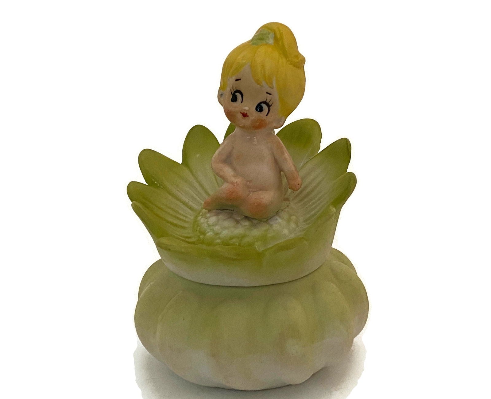Midcentury Ceramic Flower Dresser Jar with Baby Sitting Atop - Duckwells