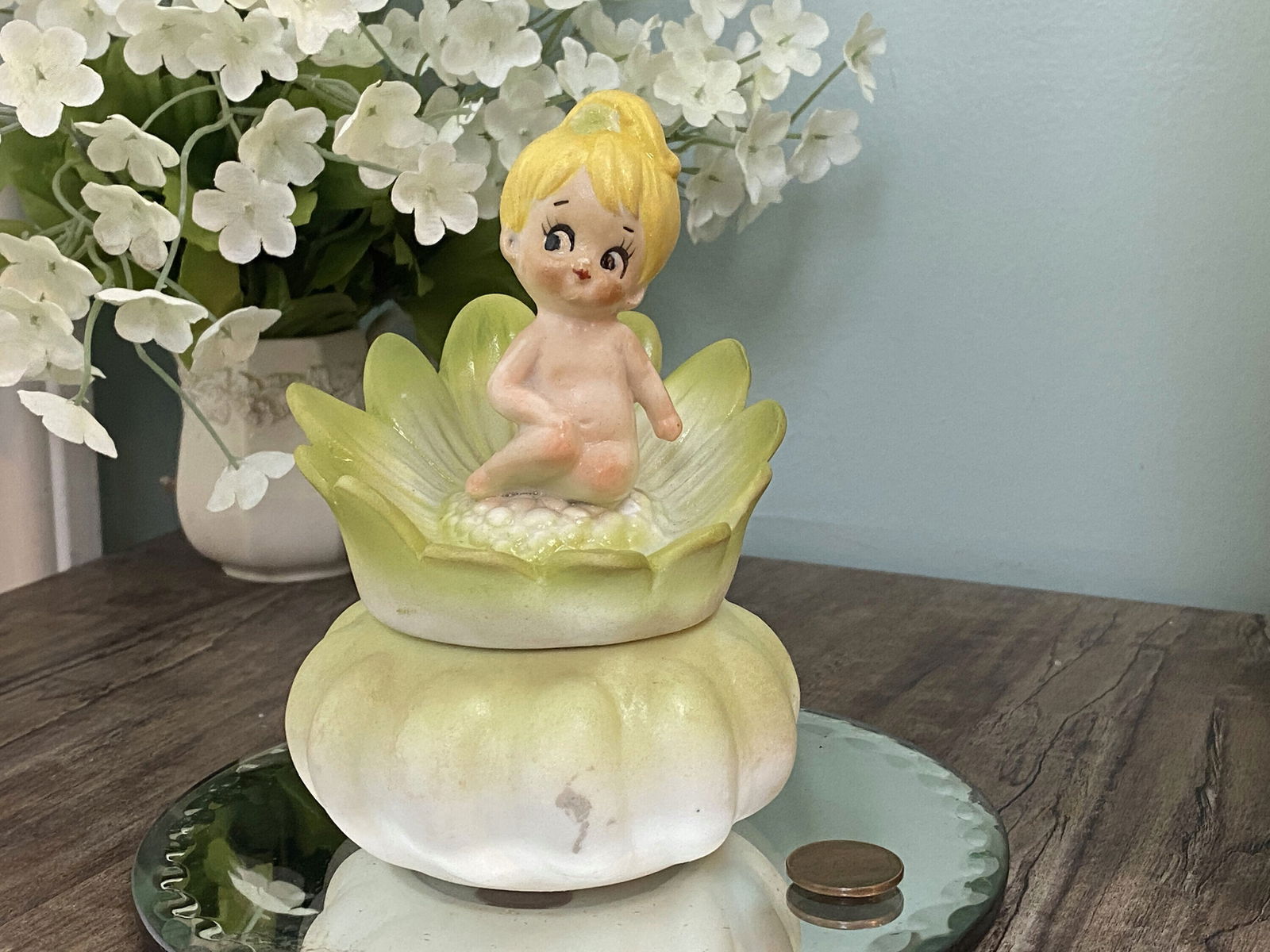 Midcentury Ceramic Flower Dresser Jar with Baby Sitting Atop - Duckwells