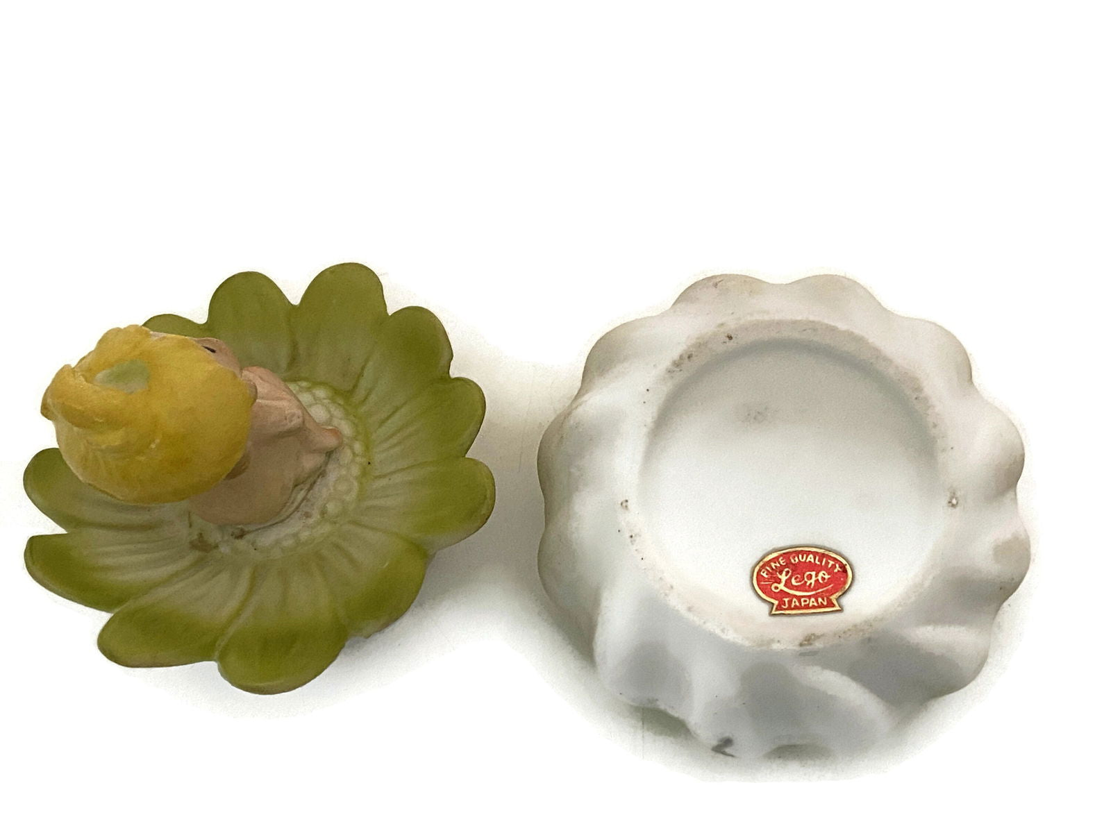 Midcentury Ceramic Flower Dresser Jar with Baby Sitting Atop - Duckwells