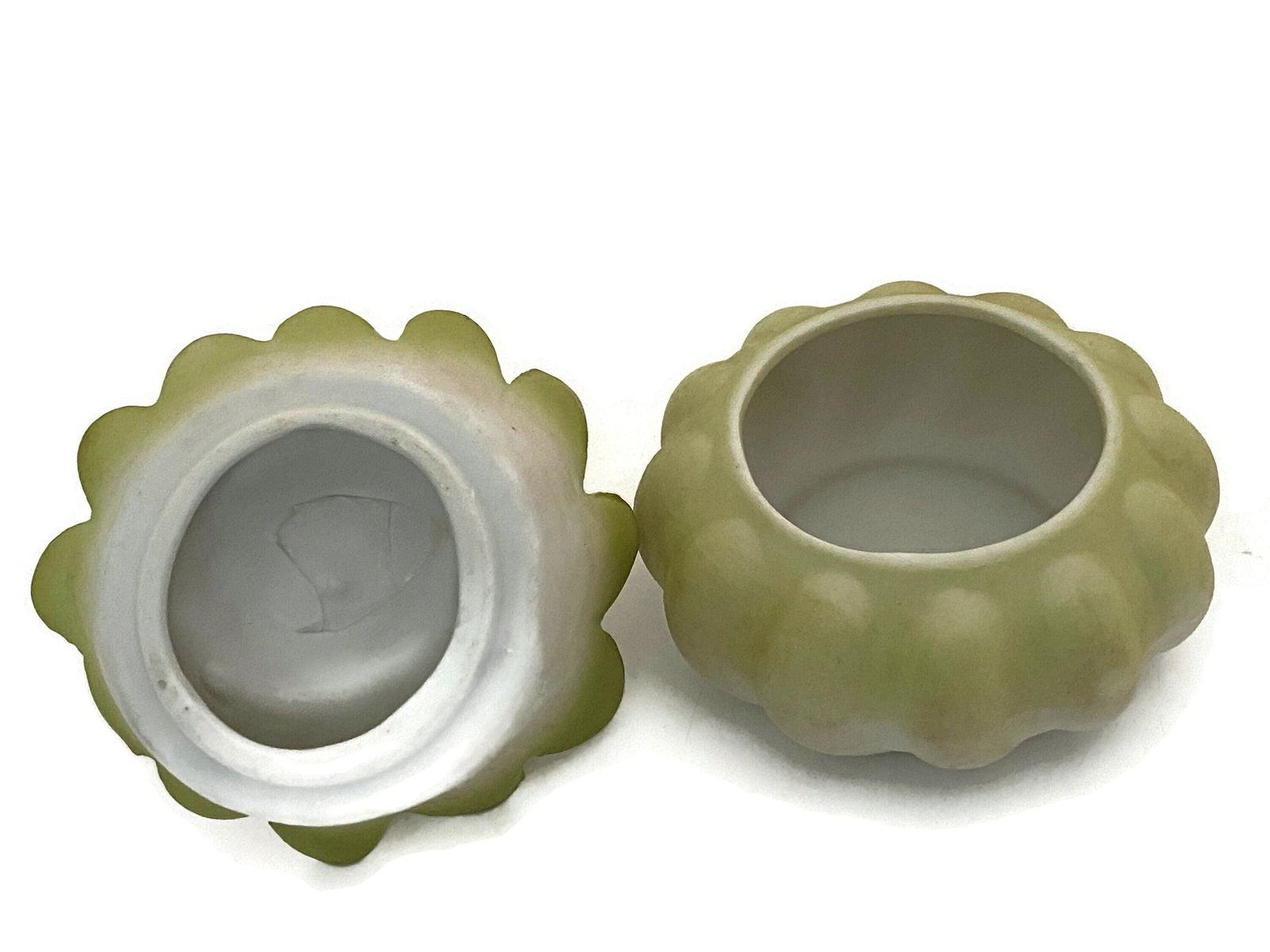 Midcentury Ceramic Flower Dresser Jar with Baby Sitting Atop - Duckwells