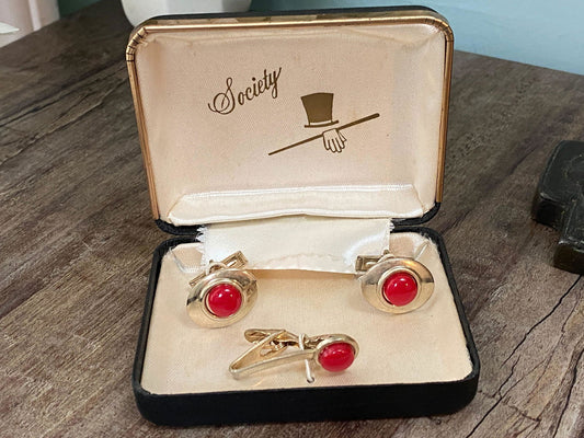 Midcentury Cuff Links and Tie Clip Jewelry Set - Duckwells