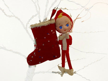 Midcentury Elf and Boot Christmas Ornaments Made in Japan - Duckwells