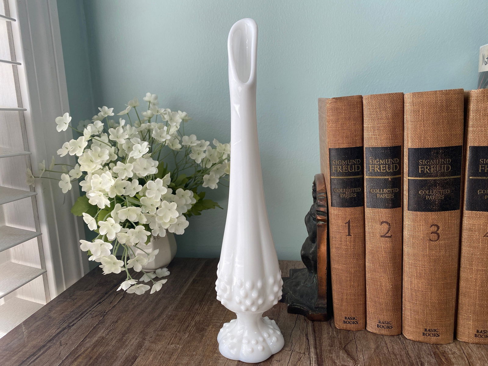 Midcentury Fenton Hobnail Stretch Milk Glass Vase - Duckwells