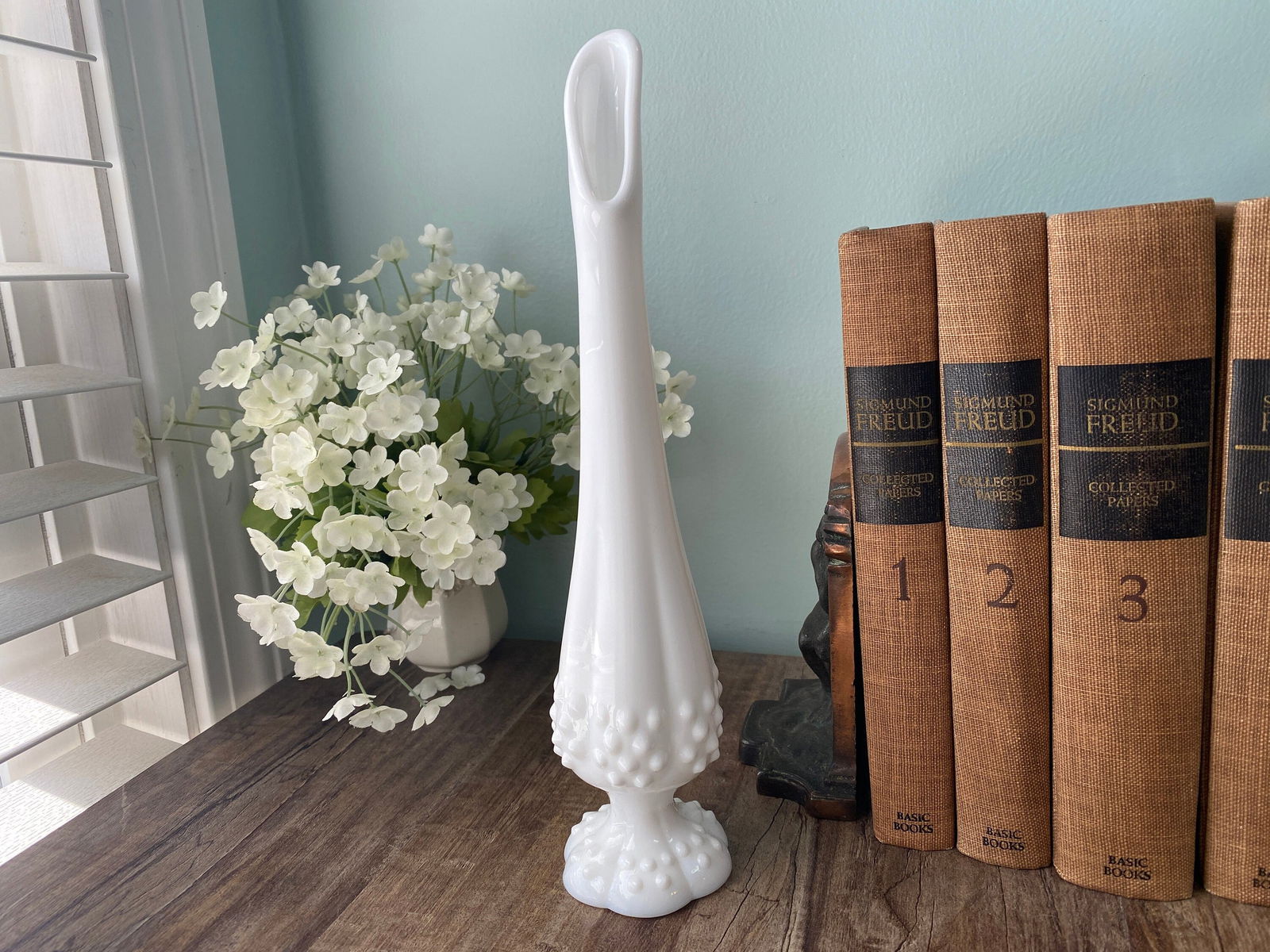 Midcentury Fenton Hobnail Stretch Milk Glass Vase - Duckwells