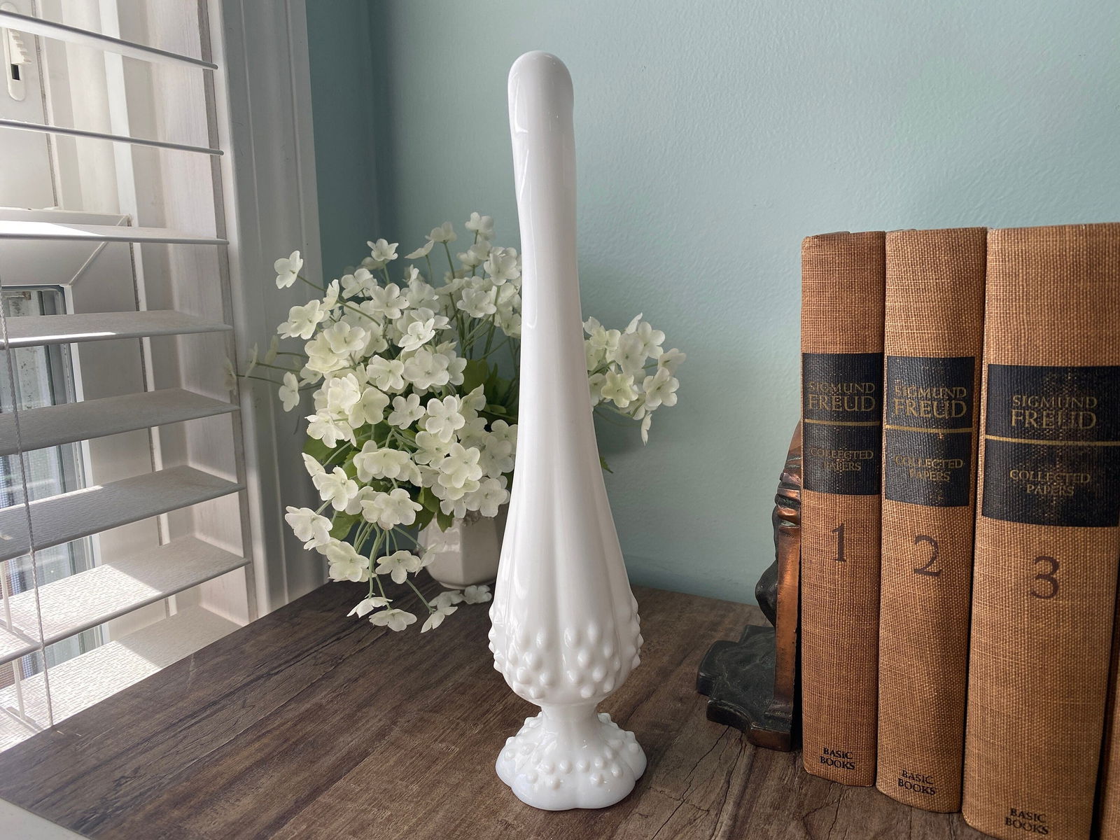 Midcentury Fenton Hobnail Stretch Milk Glass Vase - Duckwells