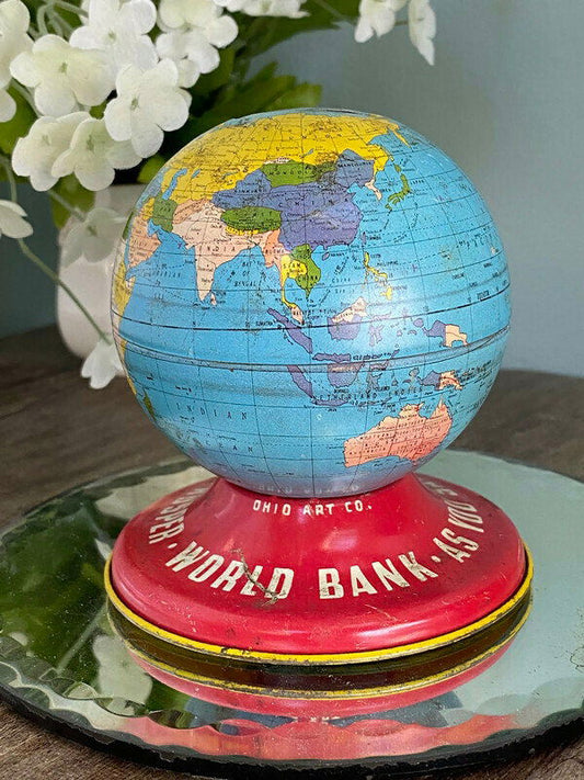 Midcentury Globe Bank Tin Litho by Ohio Art at Duckwells