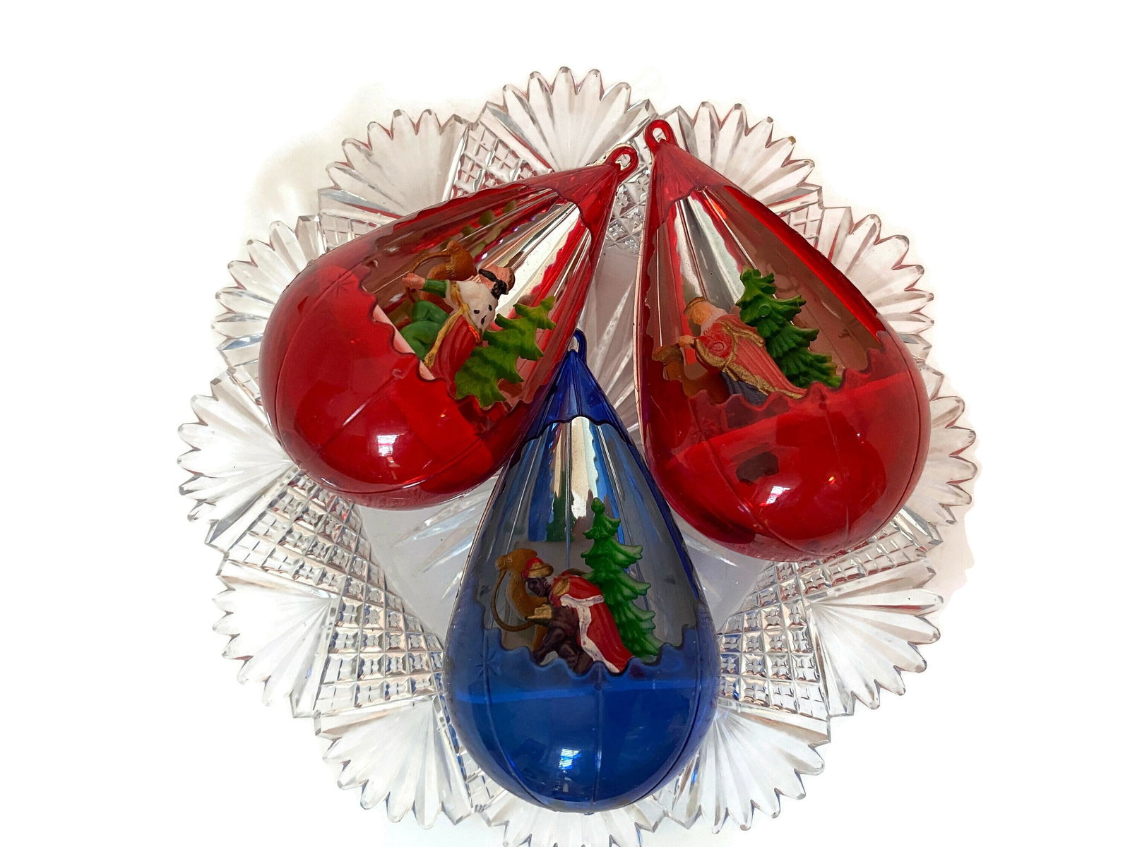 Midcentury JewelBrite Plastic Diorama Christmas Tree Ornaments - Duckwells