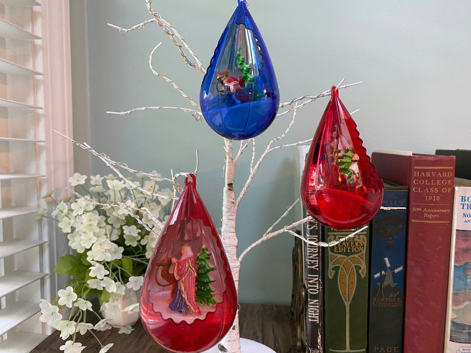 Midcentury JewelBrite Plastic Diorama Christmas Tree Ornaments - Duckwells