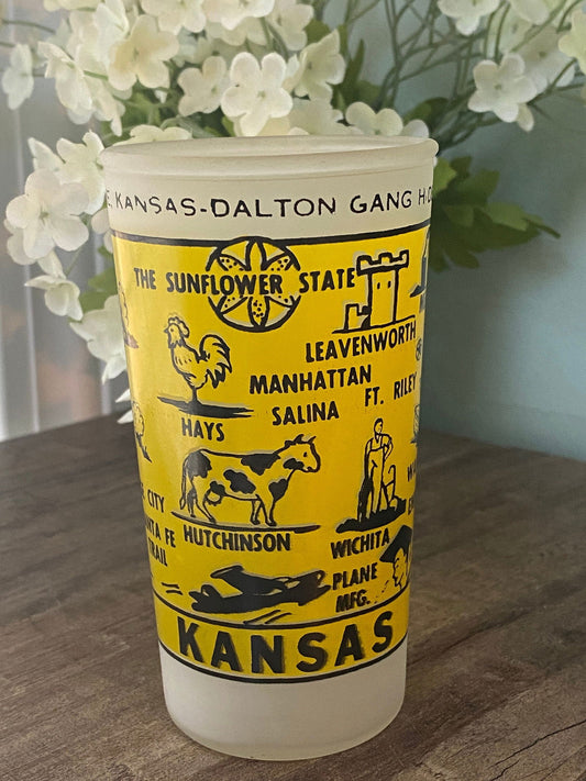 Midcentury Kansas Souvenir Glass with State Map - Duckwells