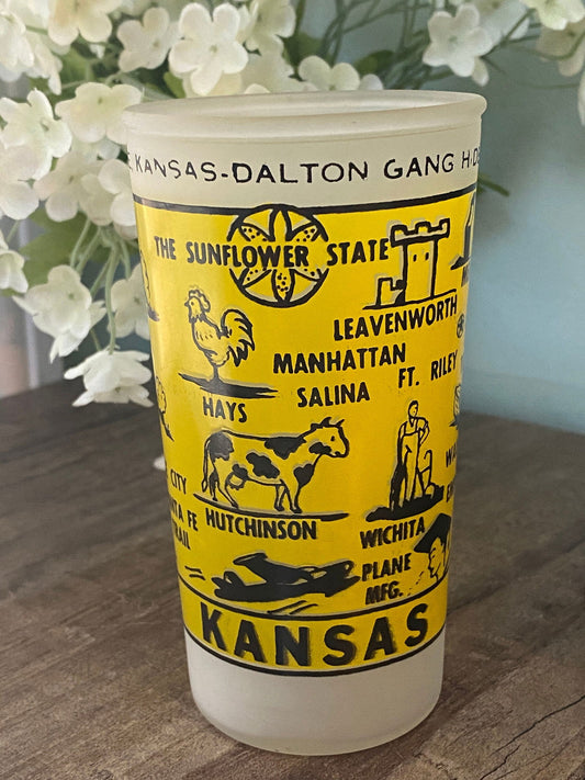 Midcentury Kansas Souvenir Glass with State Map - Duckwells