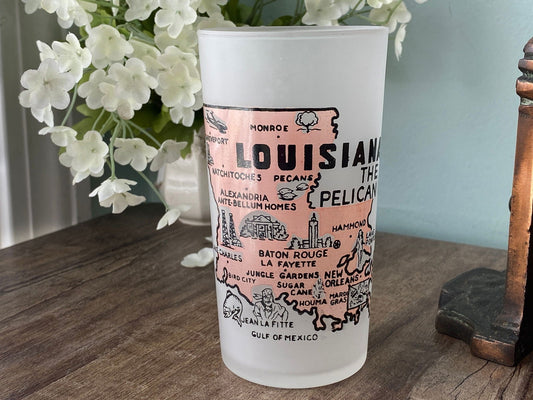 Midcentury Louisiana Souvenir Glass with State Map at Duckwells