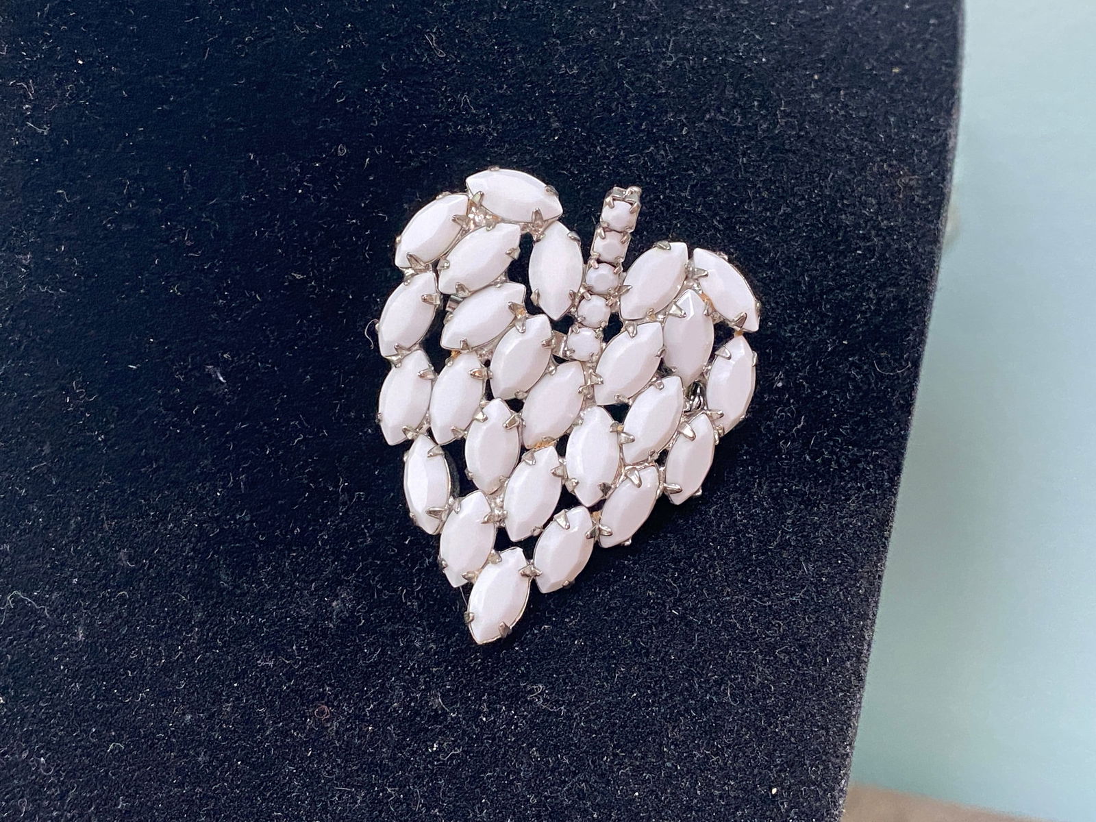 Midcentury White Milk Glass Rhinestone Leaf Brooch Pin - Duckwells