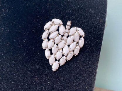 Midcentury White Milk Glass Rhinestone Leaf Brooch Pin - Duckwells