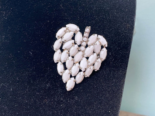 Midcentury White Milk Glass Rhinestone Leaf Brooch Pin - Duckwells