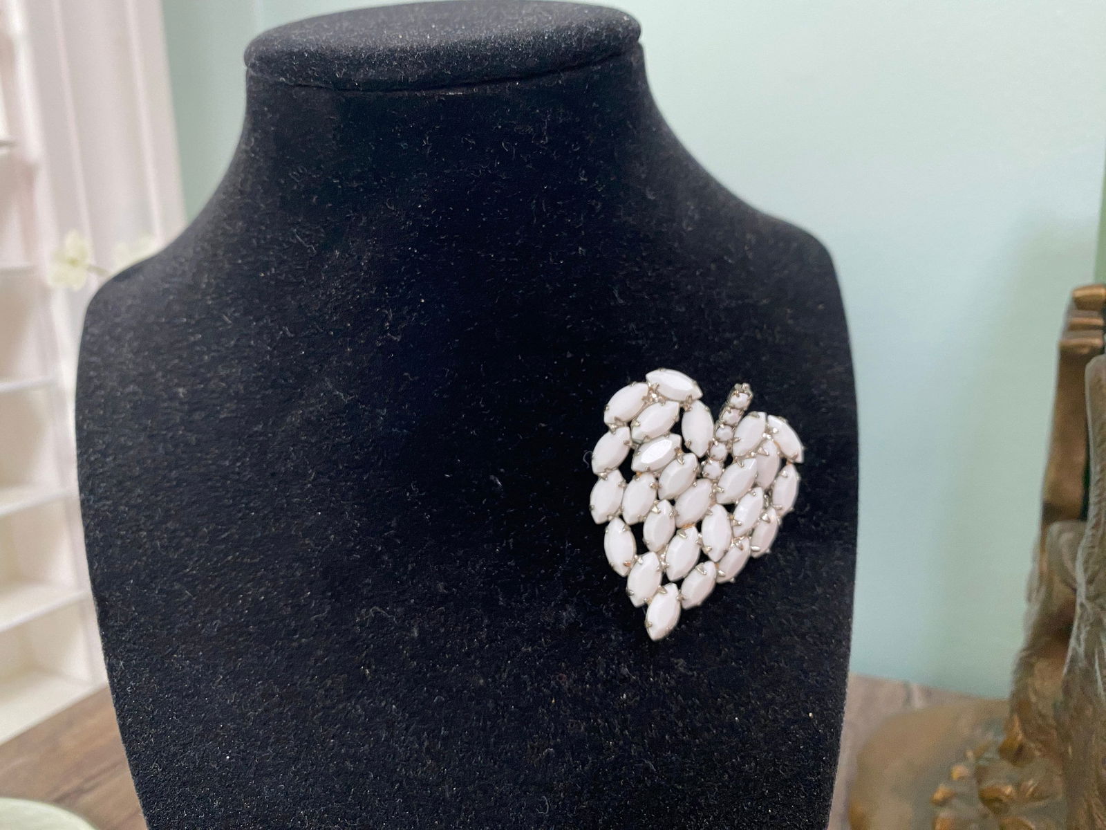 Midcentury White Milk Glass Rhinestone Leaf Brooch Pin - Duckwells