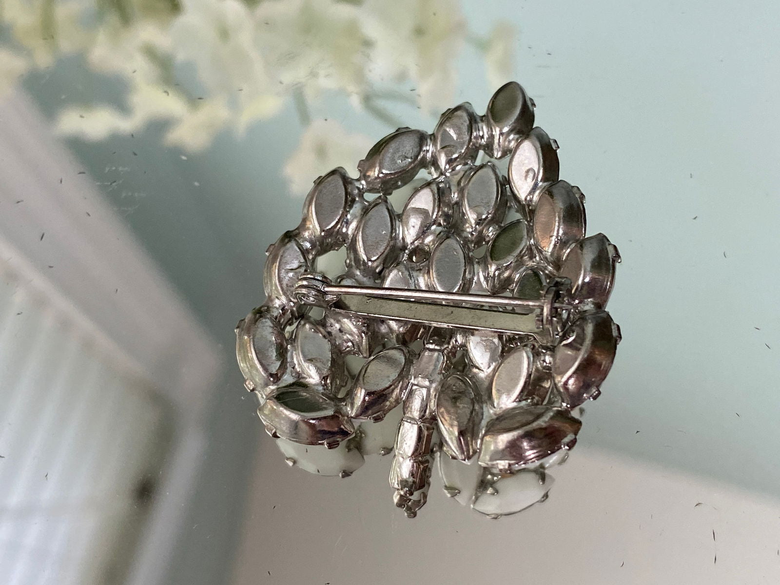 Midcentury White Milk Glass Rhinestone Leaf Brooch Pin - Duckwells