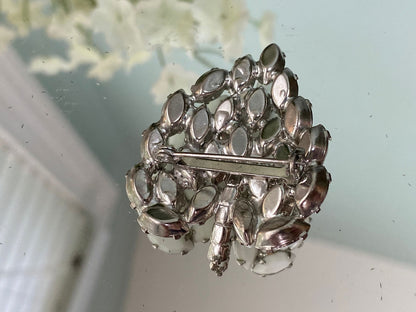 Midcentury White Milk Glass Rhinestone Leaf Brooch Pin - Duckwells