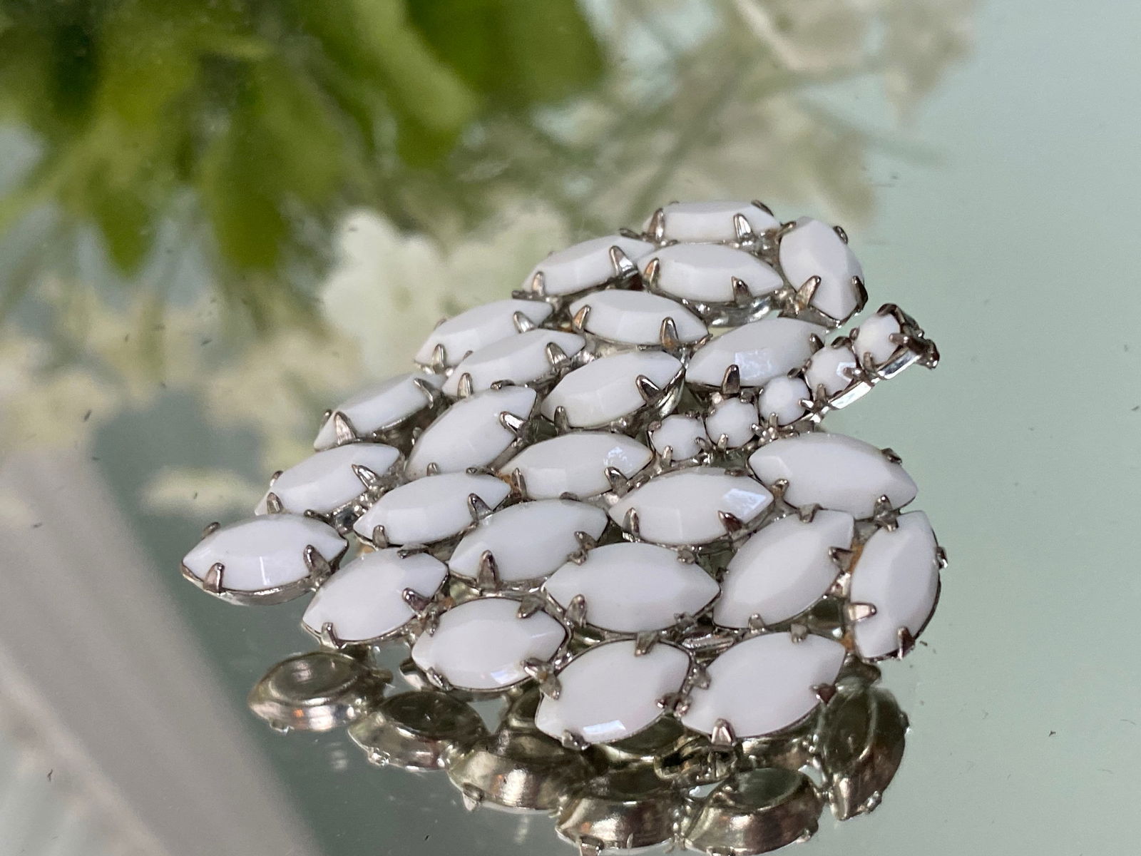 Midcentury White Milk Glass Rhinestone Leaf Brooch Pin - Duckwells