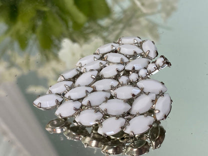 Midcentury White Milk Glass Rhinestone Leaf Brooch Pin - Duckwells