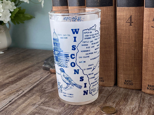 Midcentury Wisconsin Souvenir Glass with State Map - Duckwells
