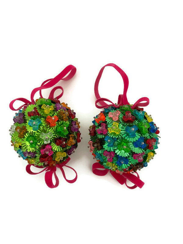 Vintage Beaded Green Christmas Ornaments - Set of 2 - Duckwells