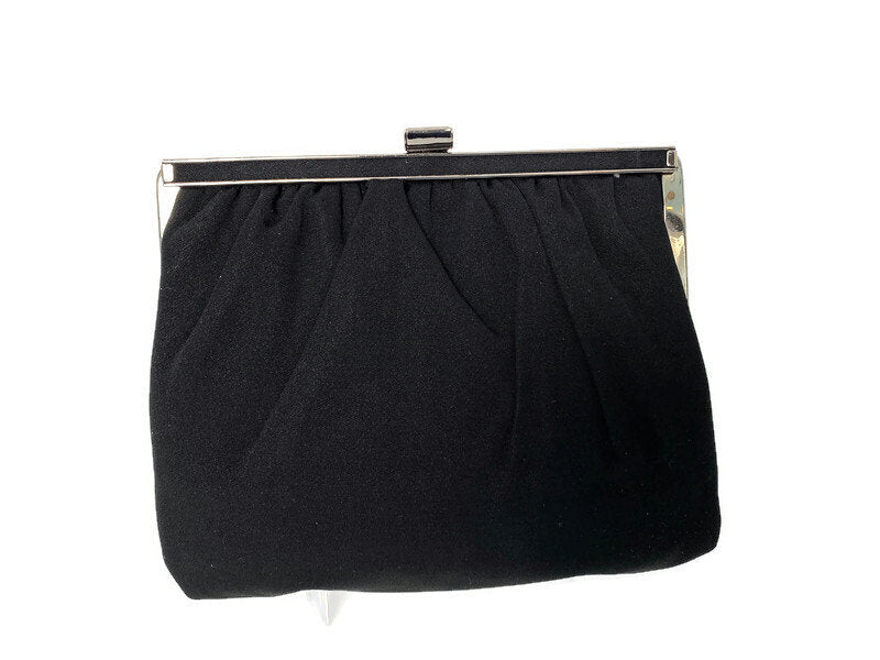 Vintage Black Purse -  Silver Hinged Frame and Folding Handle - Duckwells