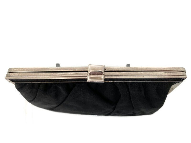 Vintage Black Purse -  Silver Hinged Frame and Folding Handle - Duckwells