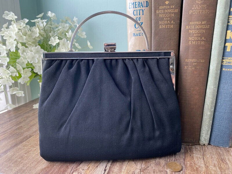 Vintage Black Purse -  Silver Hinged Frame and Folding Handle - Duckwells