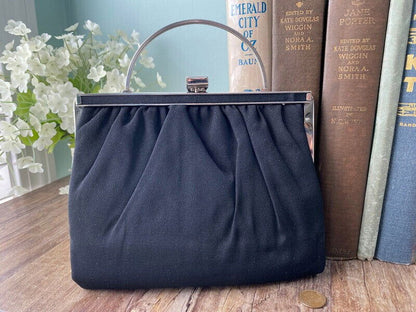 Vintage Black Purse -  Silver Hinged Frame and Folding Handle - Duckwells