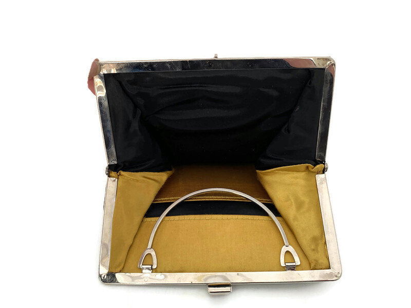 Vintage Black Purse -  Silver Hinged Frame and Folding Handle - Duckwells