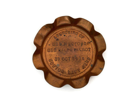 Vintage Boston Navy Yard 1936 Boat Launching Souvenir Copper Dish at Duckwells