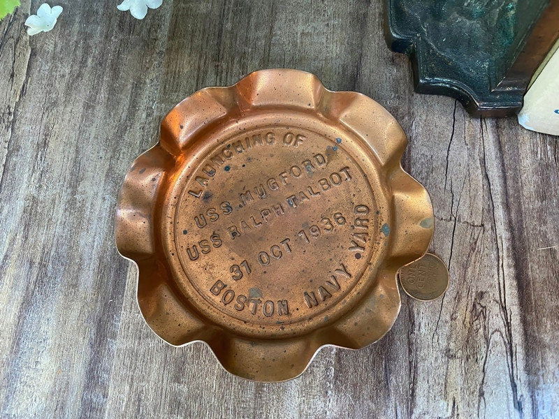 Vintage Boston Navy Yard 1936 Boat Launching Souvenir Copper Dish - Duckwells