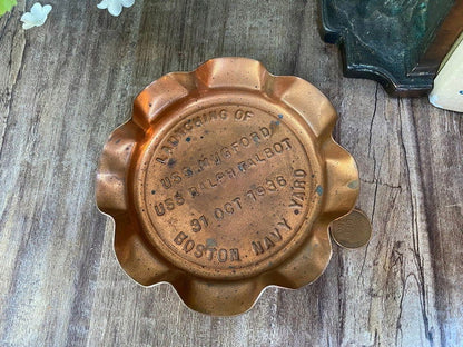 Vintage Boston Navy Yard 1936 Boat Launching Souvenir Copper Dish - Duckwells