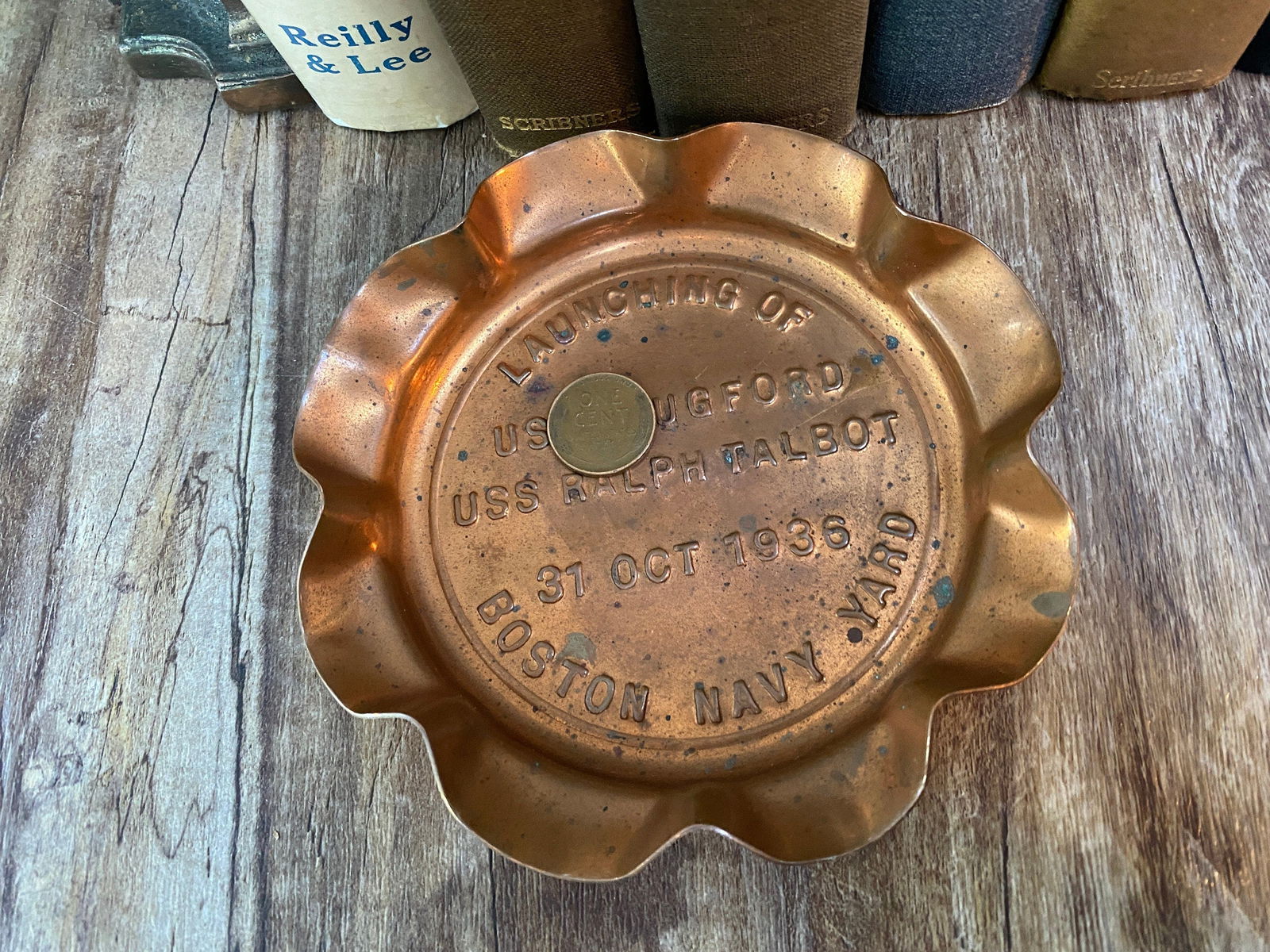 Vintage Boston Navy Yard 1936 Boat Launching Souvenir Copper Dish - Duckwells