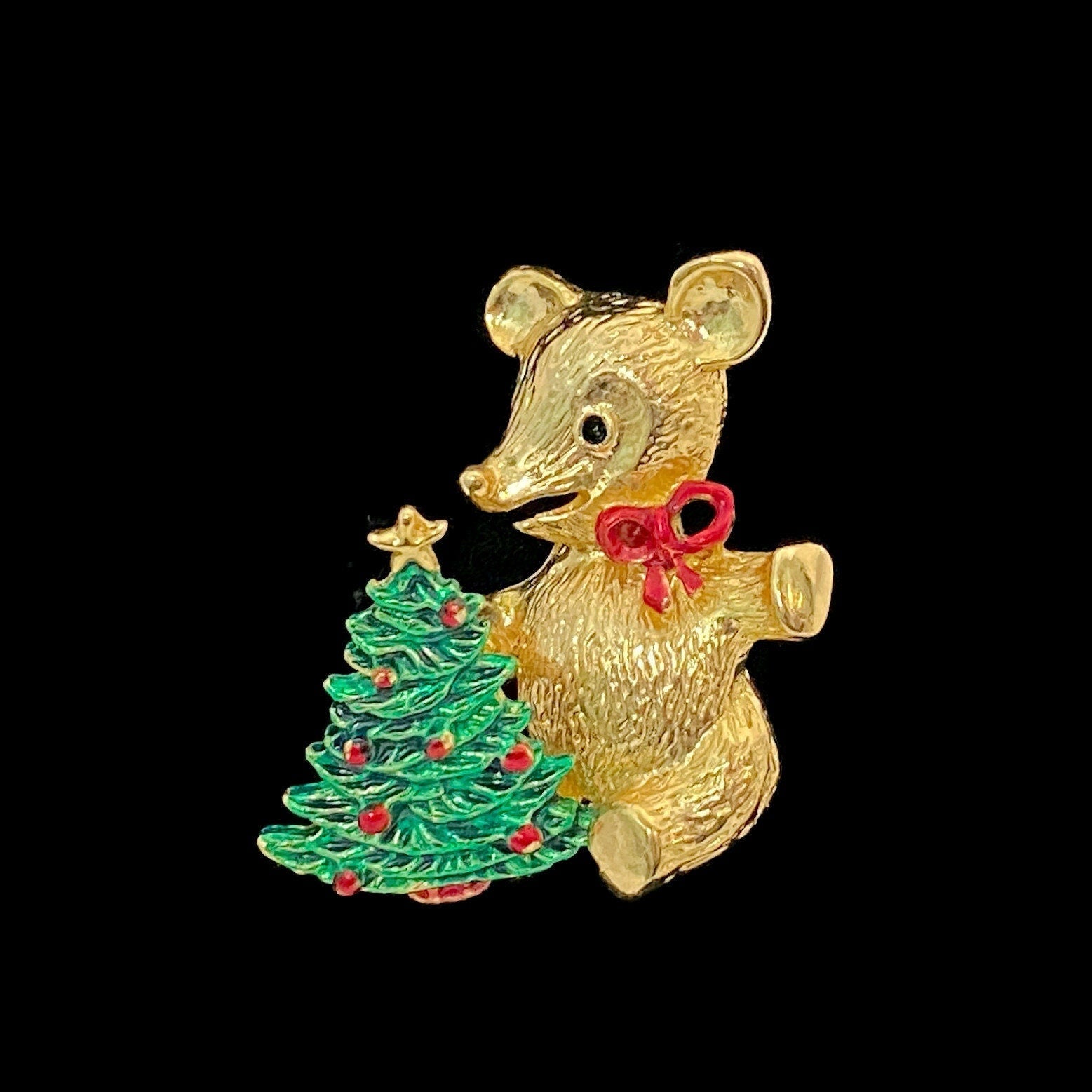 Vintage Christmas Bear holding a Christmas Tree Brooch Pin by SFJ - Duckwells