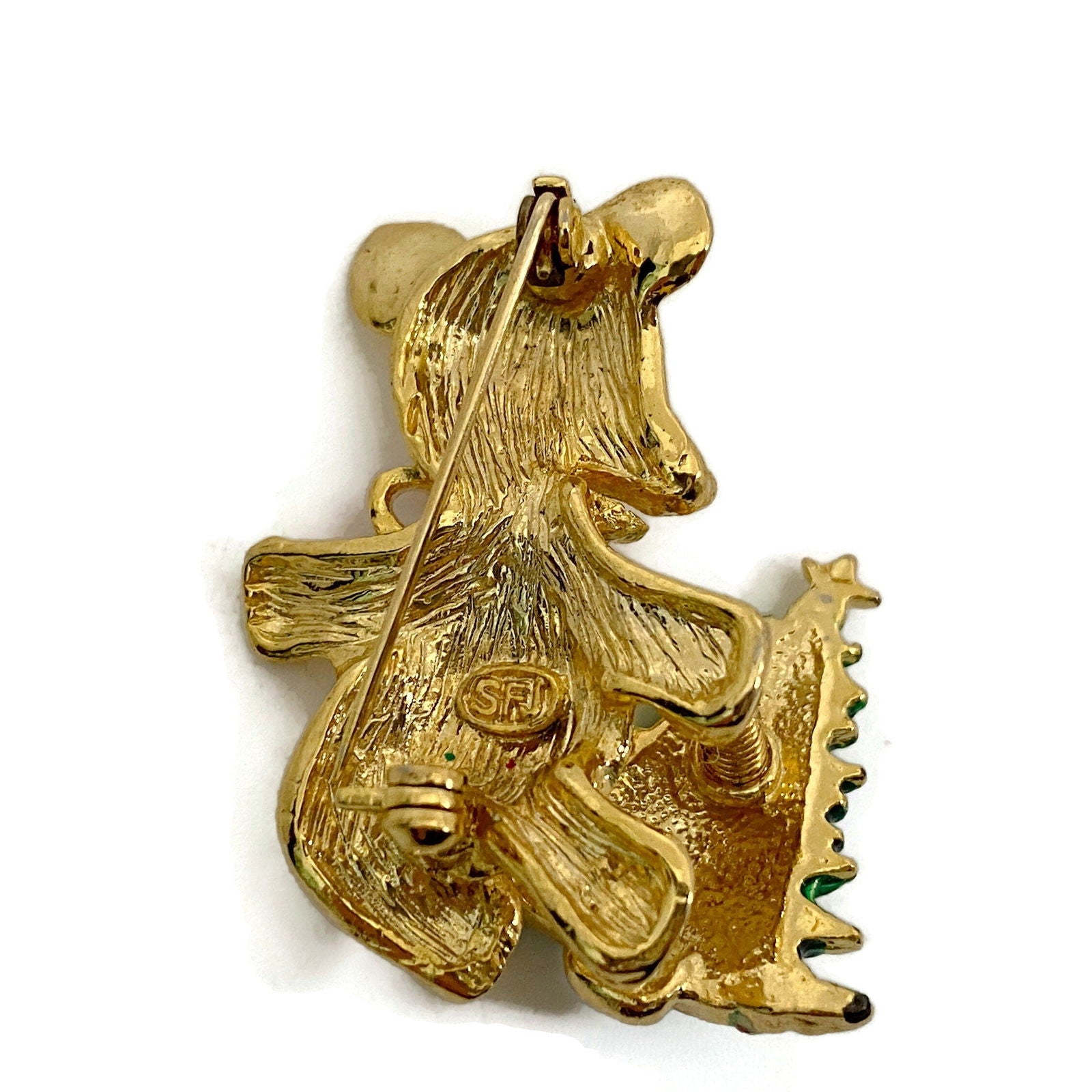 Vintage Christmas Bear holding a Christmas Tree Brooch Pin by SFJ - Duckwells