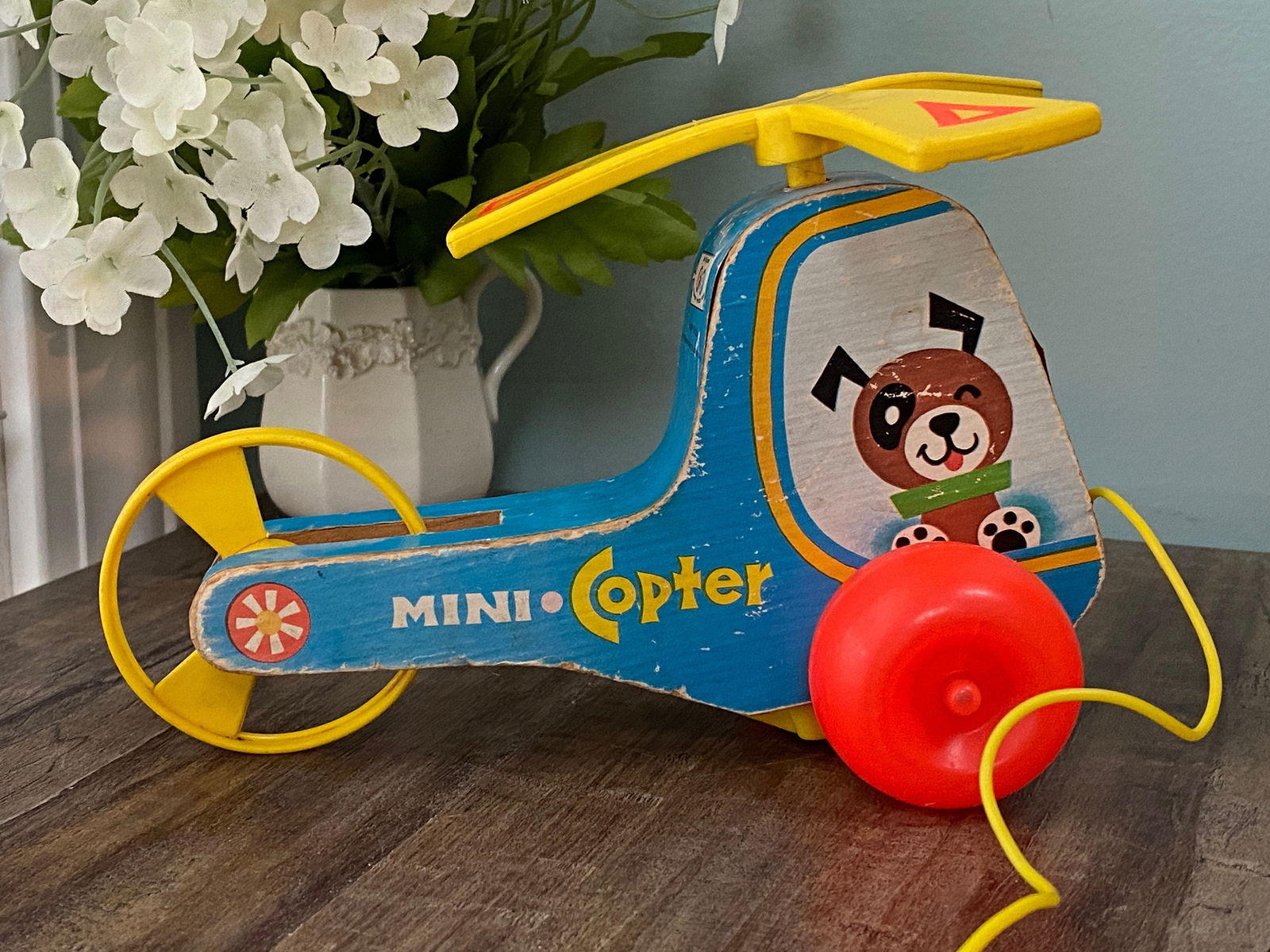 Vintage Fisher Price Mini Copter Wood Pull Toy - Duckwells