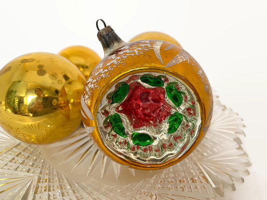 Vintage Gold Glass Christmas Ornaments Including Indented Reflector - Duckwells