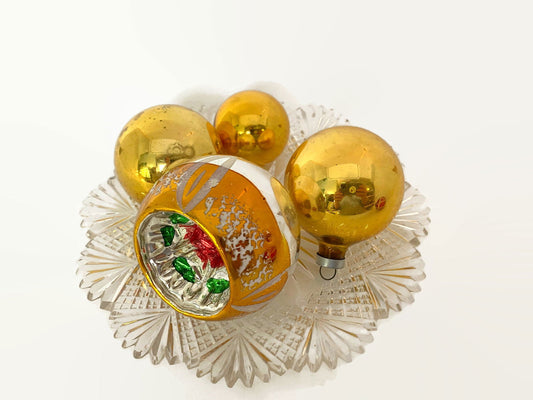 Vintage Gold Glass Christmas Ornaments Including Indented Reflector - Duckwells