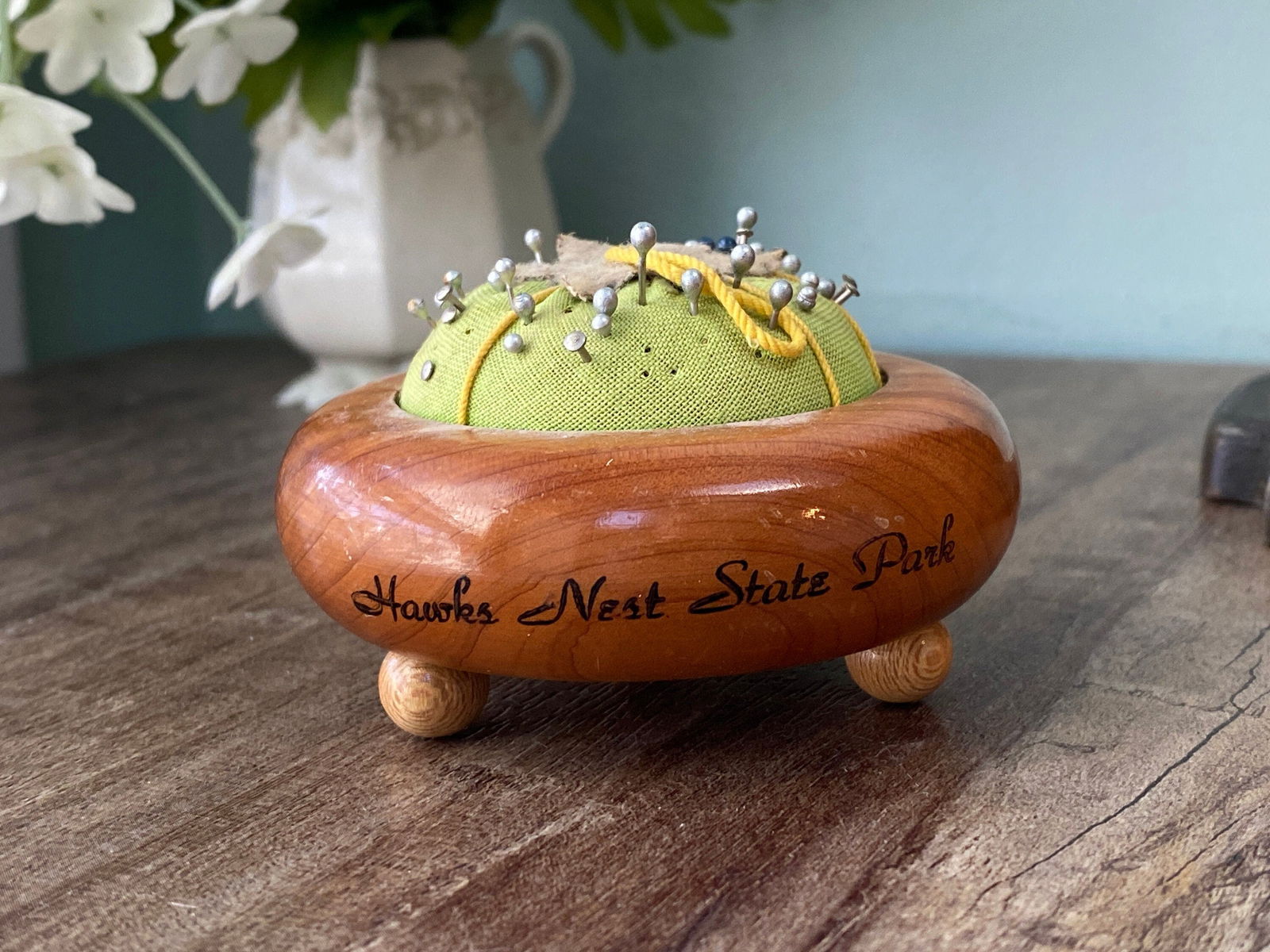 Vintage Hawks Nest State Park Souvenir Wood Pincushion - Duckwells