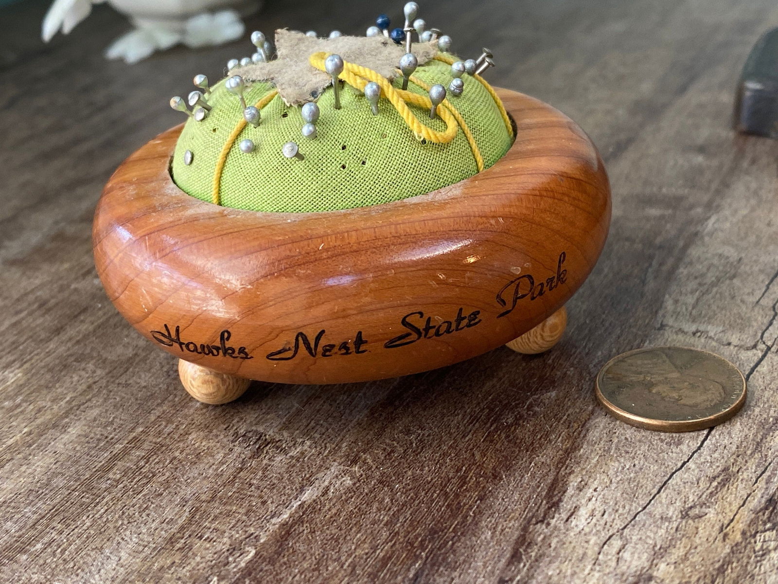Vintage Hawks Nest State Park Souvenir Wood Pincushion - Duckwells