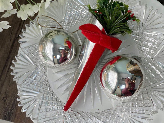 Vintage Metal Cone and Silver Glass Balls Holiday Decorations - Duckwells