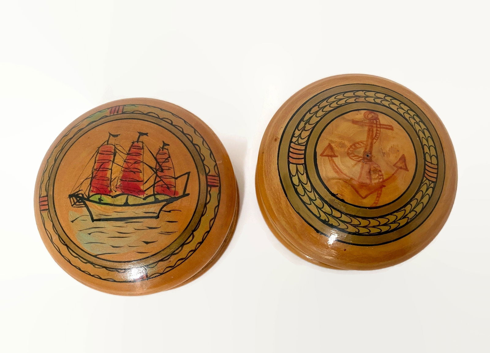 Vintage Nautical Hand Painted Wood Trinket Boxes - Duckwells