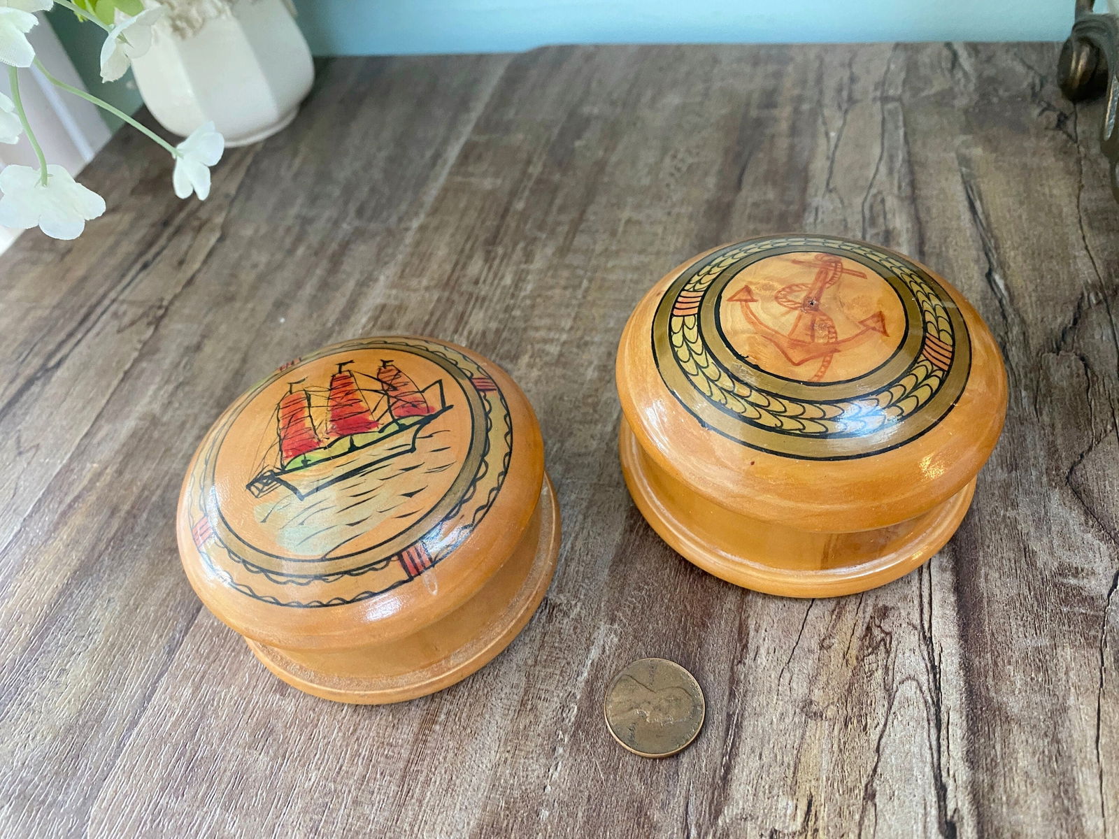 Vintage Nautical Hand Painted Wood Trinket Boxes - Duckwells