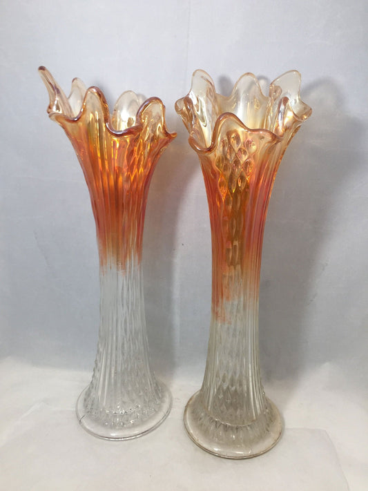 Vintage Ombre Marigold Carnival Glass Swung Vases at Duckwells