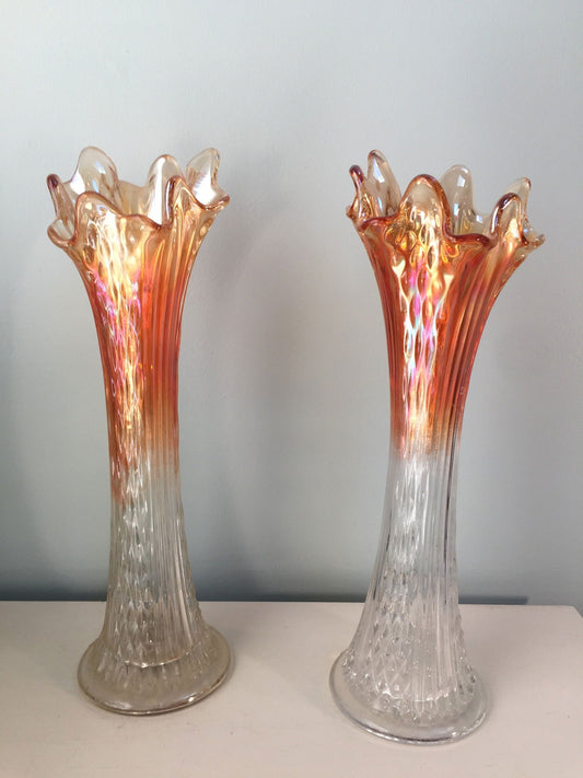 Vintage Ombre Marigold Carnival Glass Swung Vases at Duckwells