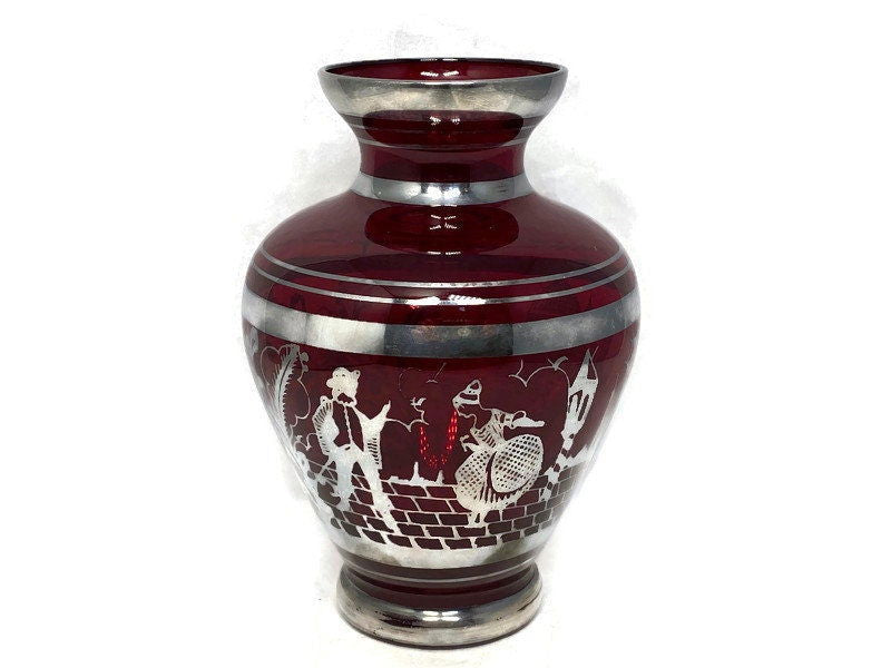 Vintage Red Ruby Glass Vase with Sterling Silver Overlay - Duckwells