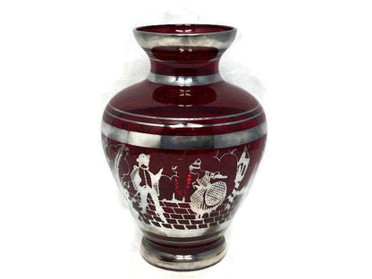Vintage Red Ruby Glass Vase with Sterling Silver Overlay - Duckwells