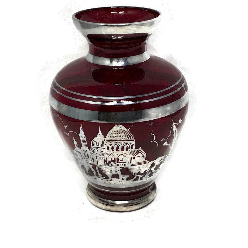 Vintage Red Ruby Glass Vase with Sterling Silver Overlay - Duckwells