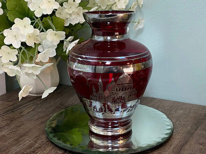 Vintage Red Ruby Glass Vase with Sterling Silver Overlay - Duckwells